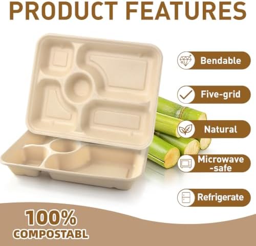 60Pack Disposable Paper Plates, 11" x 8", 5 Compartment in 11x8 in Brown, alternate view 4