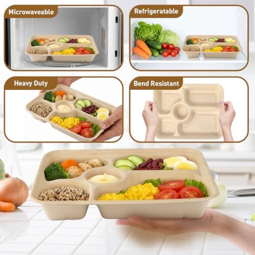 60Pack Disposable Paper Plates, 11" x 8", 5 Compartment in 11x8 in Brown, alternate view 5
