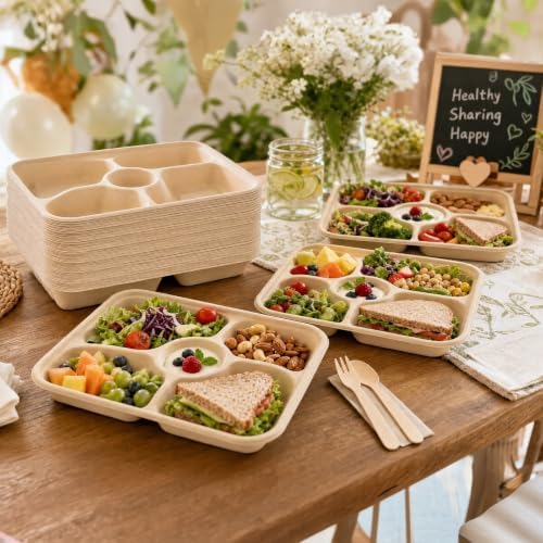 60Pack Disposable Paper Plates, 11" x 8", 5 Compartment in 11x8 in Brown, alternate view 6
