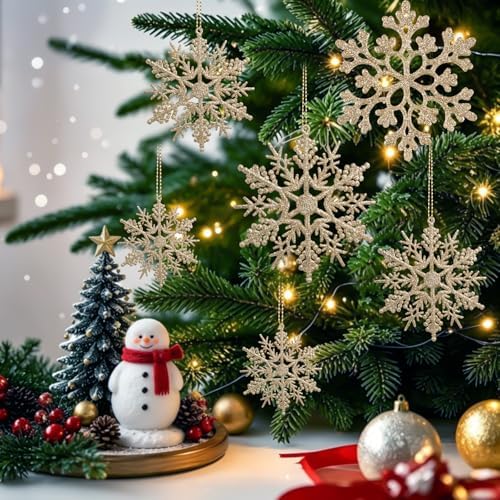 60pcs Christmas Champagne Gold Snowflake Ornaments Plastic Glitter Snow Flakes Ornaments for Winter Christmas, alternate view