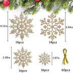 60pcs Christmas Champagne Gold Snowflake Ornaments Plastic Glitter Snow Flakes Ornaments for Winter Christmas, alternate view
