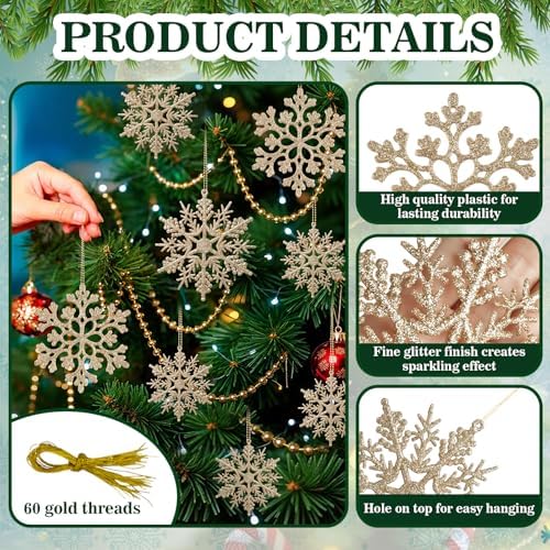 60pcs Christmas Champagne Gold Snowflake Ornaments Plastic Glitter Snow Flakes Ornaments for Winter Christmas, alternate view