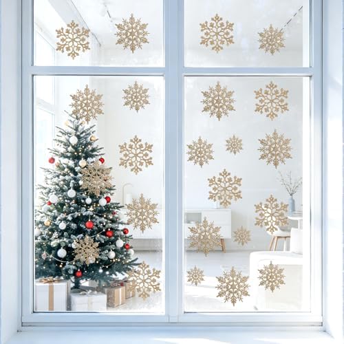 60pcs Christmas Champagne Gold Snowflake Ornaments Plastic Glitter Snow Flakes Ornaments for Winter Christmas, alternate view