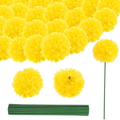 60PCS Diwali Marigold Flower Heads with Stems, Artificial Marigold Flowers for Indian Wedding, Yellow Artificial