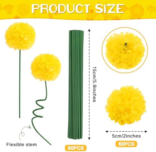 60PCS Diwali Marigold Flower Heads with Stems, Artificial Marigold Flowers for Indian Wedding, Yellow Artificial, alternate