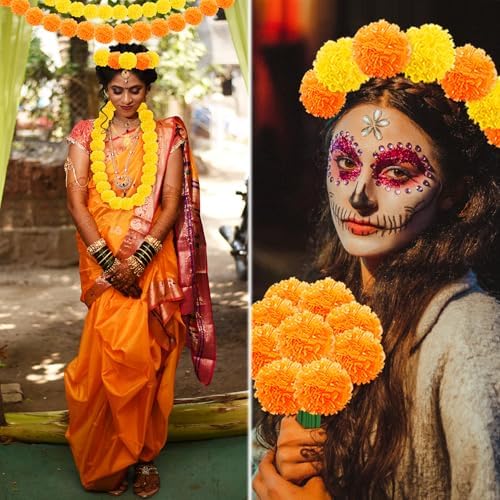 60PCS Diwali Marigold Flower Heads with Stems, Artificial Marigold Flowers for Indian Wedding, Yellow Artificial, alternate