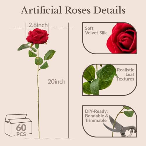 60PCS Red Roses Artificial Flowers, 20" Velvet Silk Fake Roses in Red, alternate view 3