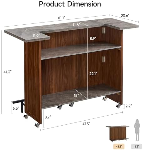 61" Foldable Bar Table, Mobile Party Bar Station on Lockable Wheel, alternate view 2