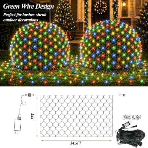 610LED Net Lights, 34.5ft x 5ft Christmas Net Lights Outdoor 8 Modes, Waterproof Connectable String Lights Green, alternate