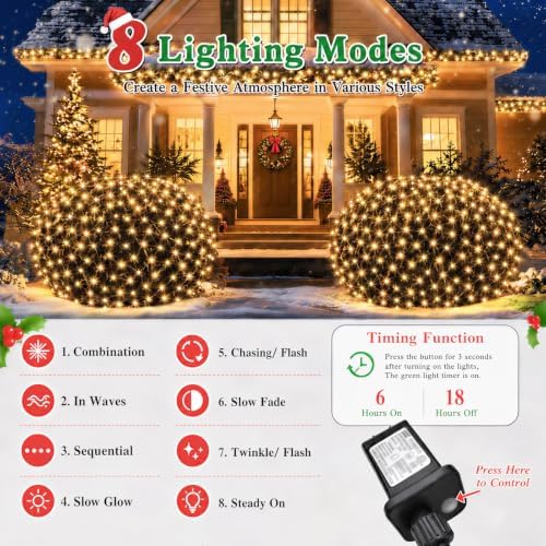 610LED Net Lights, 34.5ft x 5ft Christmas Net Lights Outdoor 8 Modes, Waterproof Connectable String Lights Green, alternate