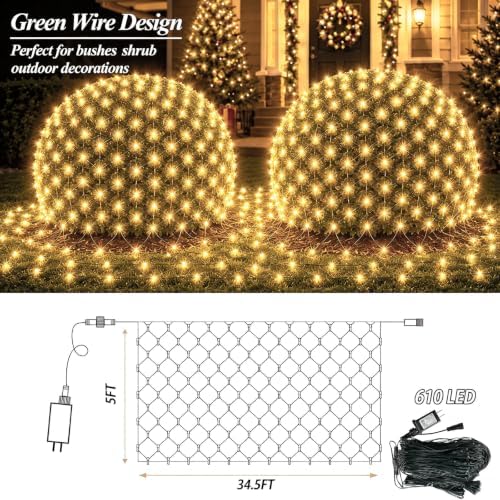 610LED Net Lights, 34.5ft x 5ft Christmas Net Lights Outdoor 8 Modes, Waterproof Connectable String Lights Green, alternate
