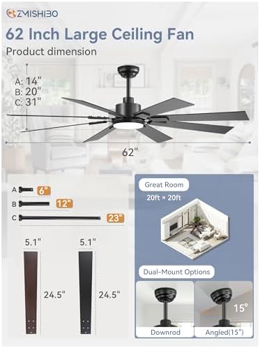 62" Ceiling Fans with Lights for Patio, Living Room, Remote in Black & Walnut, alternate view 4