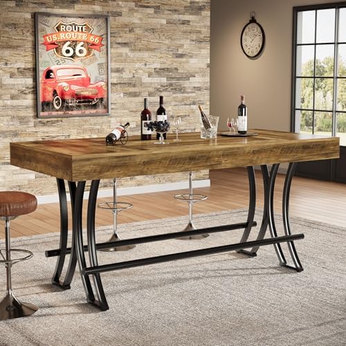63" Counter Height Bar Table with Metal Footrest, Rectangular Tall Kitchen Dining Pub Table, Industrial Home Bar