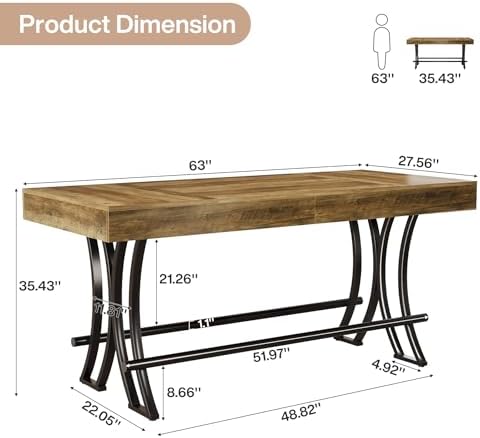 63" Counter Height Bar Table with Metal Footrest, Rectangular Tall Kitchen Dining Pub Table, Industrial Home Bar, alternate