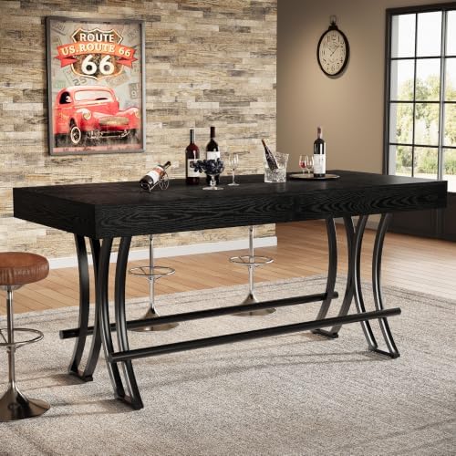 63" Counter Height Bar Table with Metal Footrest, Rectangular Tall Kitchen Dining Pub Table, Industrial Home Bar