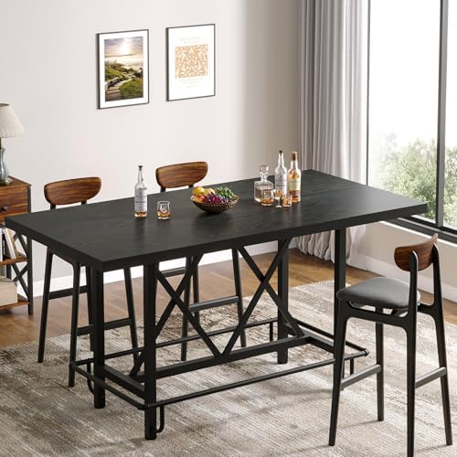 63-Inch Counter Height Bar Table with Metal Footrest (Black) in Black