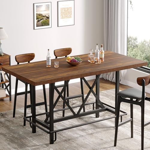 63-Inch Counter Height Bar Table with Metal Footrest (Brown) in Brown