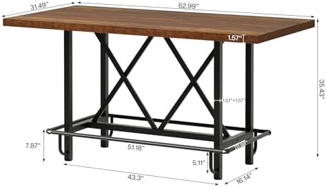63-Inch Counter Height Bar Table with Metal Footrest (Brown) in Brown, alternate view 2