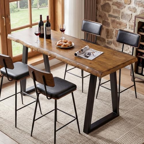 63” Solid Wood Bar Table, Commercial Grade Counter Height Table with Metal Legs, Heavy Duty Long Pub Table for