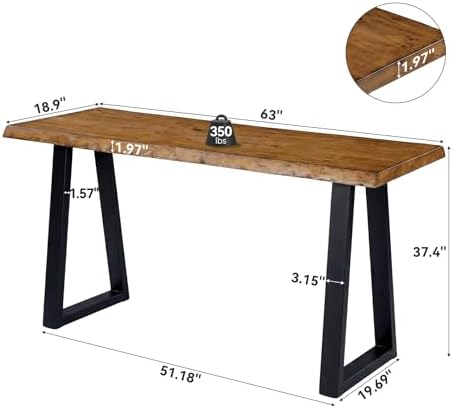 63” Solid Wood Bar Table, Commercial Grade Counter Height Table with Metal Legs, Heavy Duty Long Pub Table for, alternate