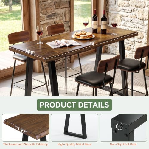 63” Solid Wood Bar Table, Commercial Grade Counter Height Table with Metal Legs, Heavy Duty Long Pub Table for, alternate