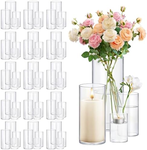 64 Pack Thick Glass Cylinder Vases 4,6,9,12 Inch Tall Clear Flower Vase Hurricane Floating Candle Holder for