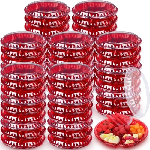 64 Pcs Christmas Plastic Serving Tray with Lid 10" Disposable Plate in Red