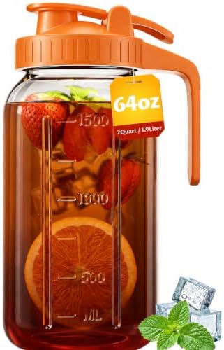 64oz (2quart) Mason Jar Pitcher, Glass Pitcher with Lid for Tea & Cold Brew in Orange