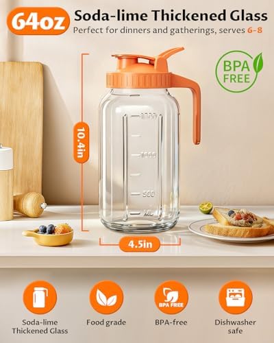 64oz (2quart) Mason Jar Pitcher, Glass Pitcher with Lid for Tea & Cold Brew in Orange, alternate view 2