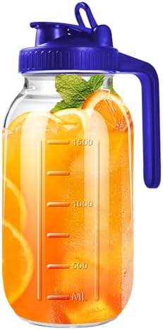 64oz Glass Pitcher with Lid, 2 Quart Mason Jar Pitcher with Spout in Blue