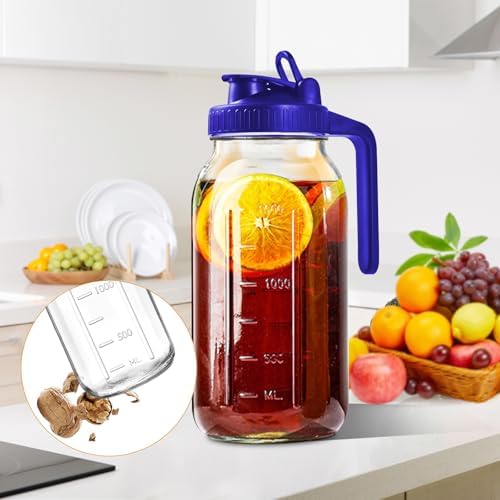 64oz Glass Pitcher with Lid, 2 Quart Mason Jar Pitcher with Spout in Blue, alternate view 6