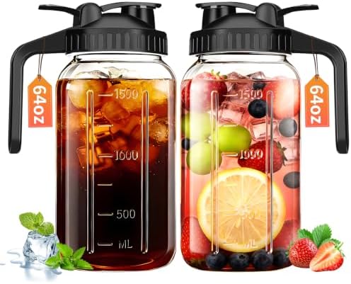 64oz Glass Pitcher with Lid & Spout - 2 Quart Mason Jars, Airtight & Leakproof Breastmilk Pitcher for Cold Brew