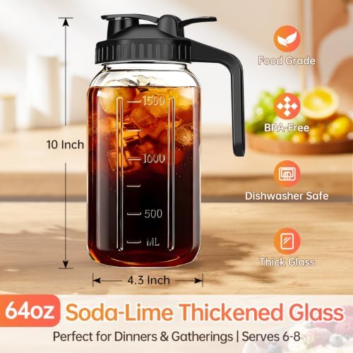64oz Glass Pitcher with Lid & Spout - 2 Quart Mason Jars, Airtight & Leakproof Breastmilk Pitcher for Cold Brew, alternate