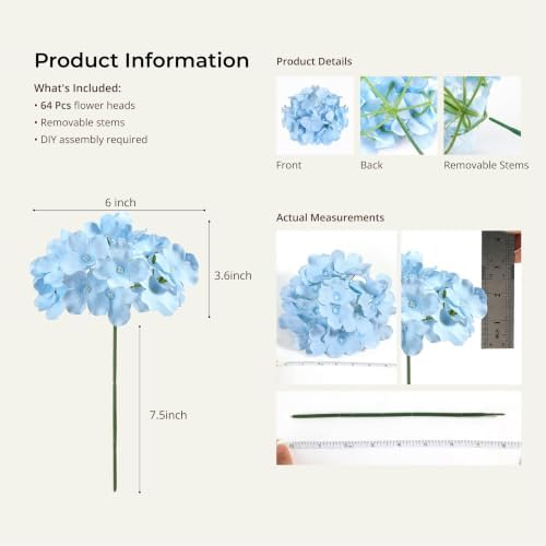 64Pcs Blue Hydrangea Artificial Flowers, Silk Hydrangeas Decor, alternate view 3