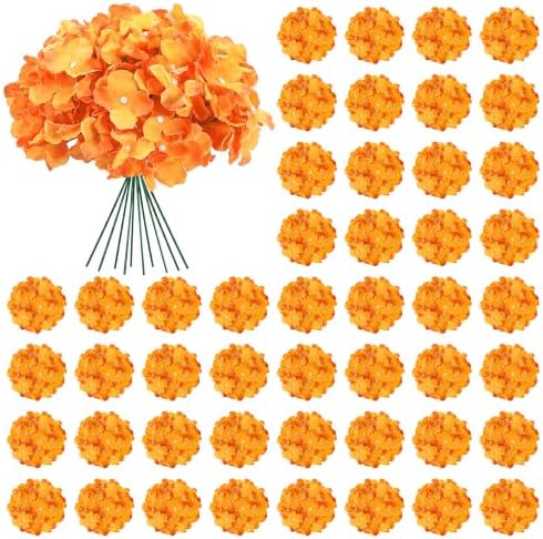 64Pcs Fall Hydrangea Artificial Flowers, Orange Faux Hydrangeas