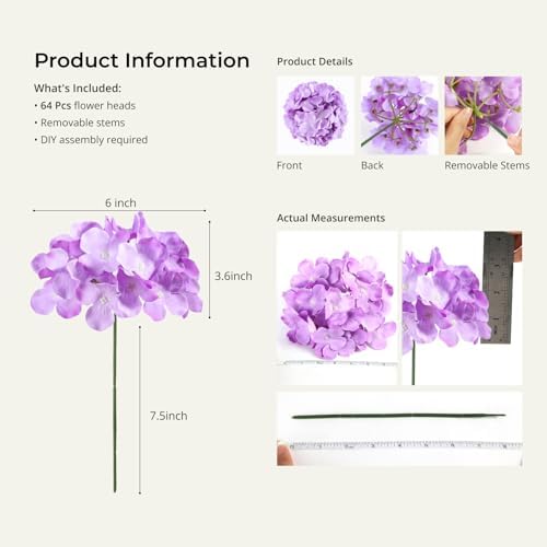 64Pcs Hydrangea Artificial Flowers, Purple Artificial Hydrangeas, alternate view 3