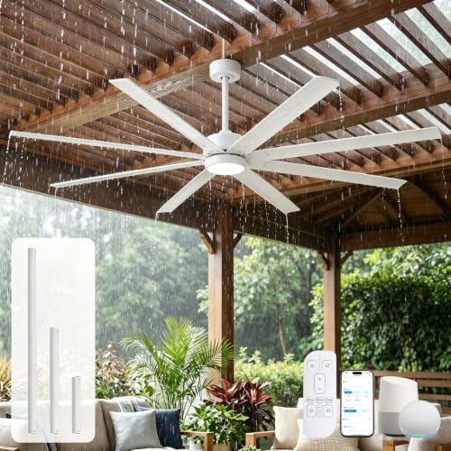65 Inch Waterproof Outdoor Ceiling Fan with Light, All Weather Wet Rated in White