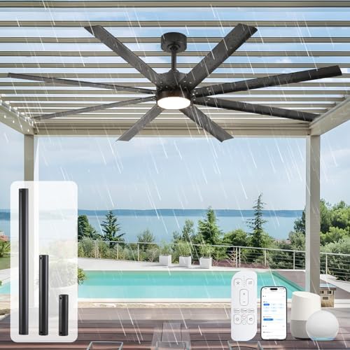 65 Inch Wet Rated Outdoor Ceiling Fan with Light, Waterproof Smart Fan in Black