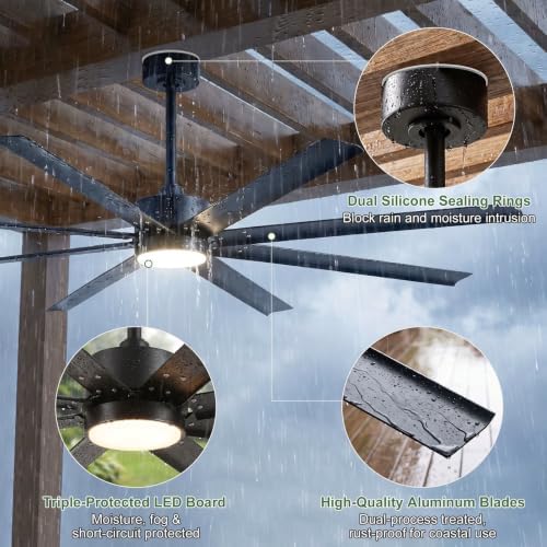 65 Inch Wet Rated Outdoor Ceiling Fan with Light, Waterproof Smart Fan in Black, alternate view 5