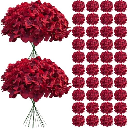 65Pcs Deep Red Hydrangea Artificial Flowers Bulk, Realistic Silk Fake Flowers with Stems, Faux Hydrangea Flowers
