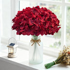 65Pcs Deep Red Hydrangea Artificial Flowers Bulk, Realistic Silk Fake Flowers with Stems, Faux Hydrangea Flowers, alternate