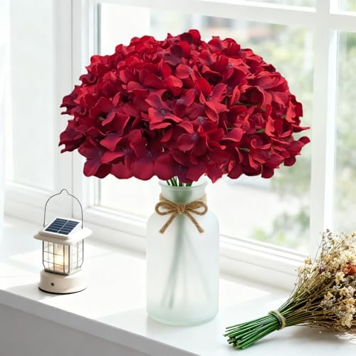 65Pcs Deep Red Hydrangea Artificial Flowers Bulk, Realistic Silk Fake Flowers with Stems, Faux Hydrangea Flowers, alternate