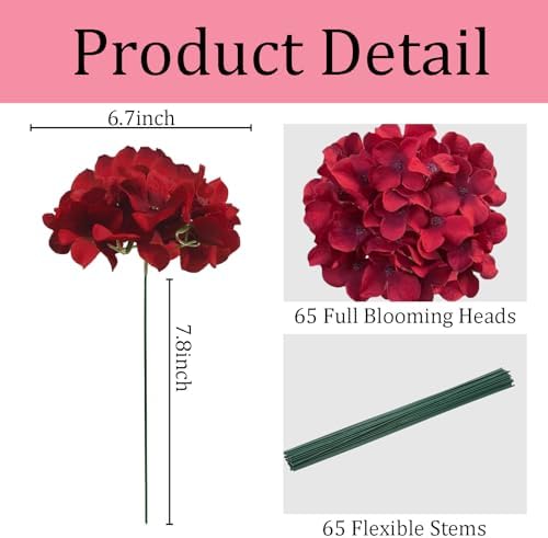65Pcs Deep Red Hydrangea Artificial Flowers Bulk, Realistic Silk Fake Flowers with Stems, Faux Hydrangea Flowers, alternate