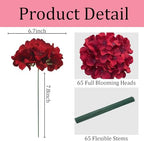 65Pcs Deep Red Hydrangea Artificial Flowers Bulk, Realistic Silk Fake Flowers with Stems, Faux Hydrangea Flowers, alternate