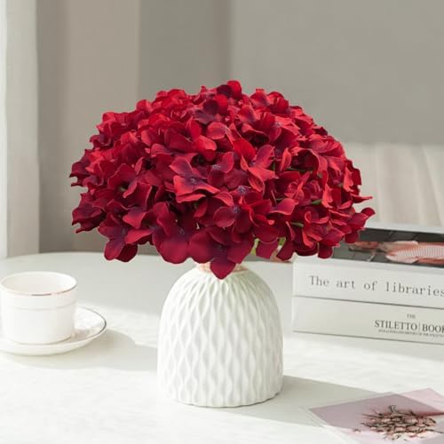 65Pcs Deep Red Hydrangea Artificial Flowers Bulk, Realistic Silk Fake Flowers with Stems, Faux Hydrangea Flowers, alternate