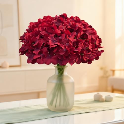 65Pcs Deep Red Hydrangea Artificial Flowers Bulk, Realistic Silk Fake Flowers with Stems, Faux Hydrangea Flowers, alternate