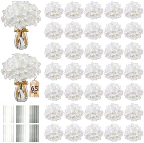 65PCS Hydrangea Artificial Flowers with Stronger Bendable Stems, Premium Silk Faux Hydrangea Flowers Bulk for