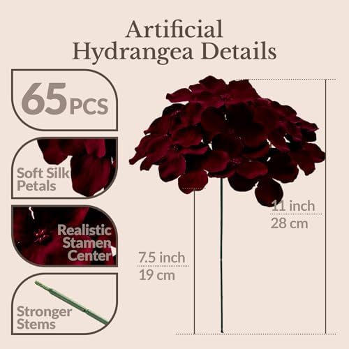 65PCS Hydrangea Artificial Flowers with Stronger Bendable Stems, Premium Silk Faux Hydrangea Flowers Bulk for, alternate view
