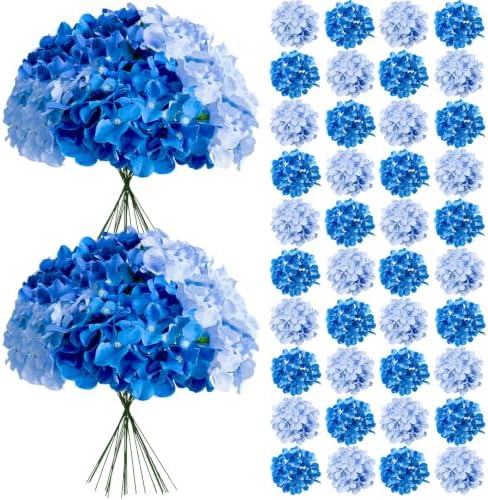 65Pcs Mixed Blue Hydrangea Artificial Flowers Bulk, Realistic Silk Fake Flowers with Stems, Faux Hydrangea