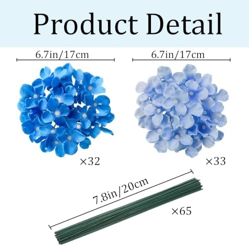 65Pcs Mixed Blue Hydrangea Artificial Flowers Bulk, Realistic Silk Fake Flowers with Stems, Faux Hydrangea, alternate view 3